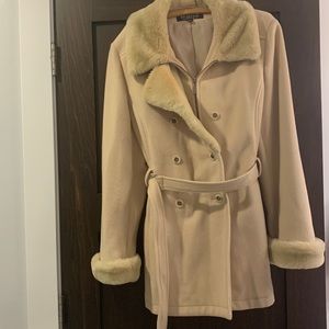 Vintage Camel colored wool Braefair faux fur coat, size 16